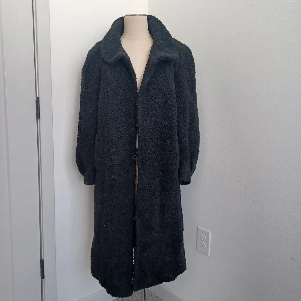 Vintage Persian Lambswool Curly Swing Coat Women M Black Babe Lamm Brocade Lined